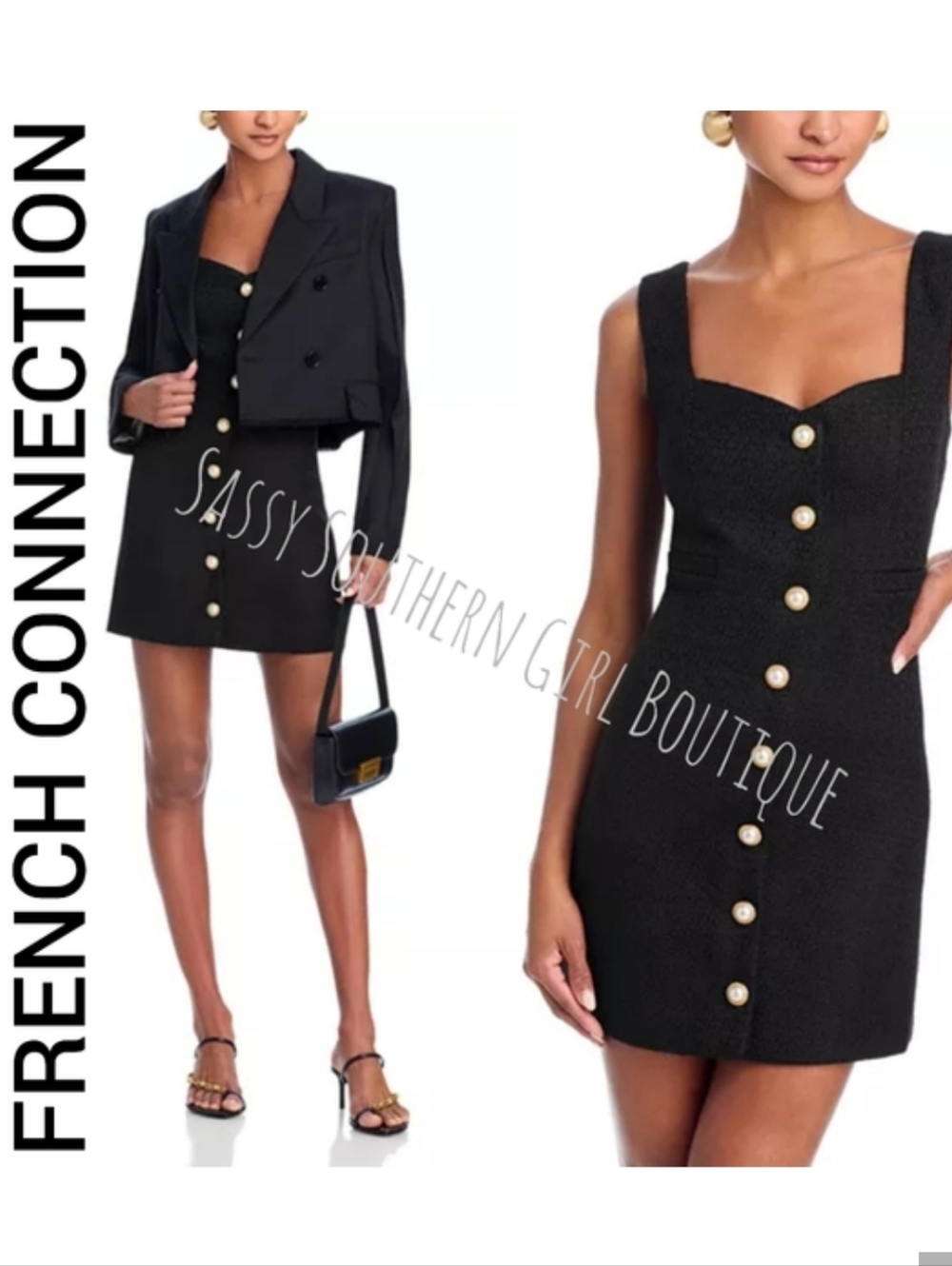 🆕⭐ French Connection Black Tweed Pearl Button Mini Dress